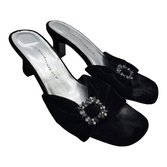 CloudWalker Shoes Womens Size 9W Black Beauty Heel Slip On Rhinestone Velvet - Picture 1 of 16